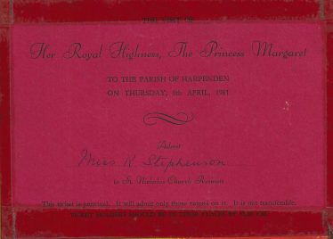 Kathleen's invitation to a place in St Nicholas precincts for the visit of Princess Margaret in 1961