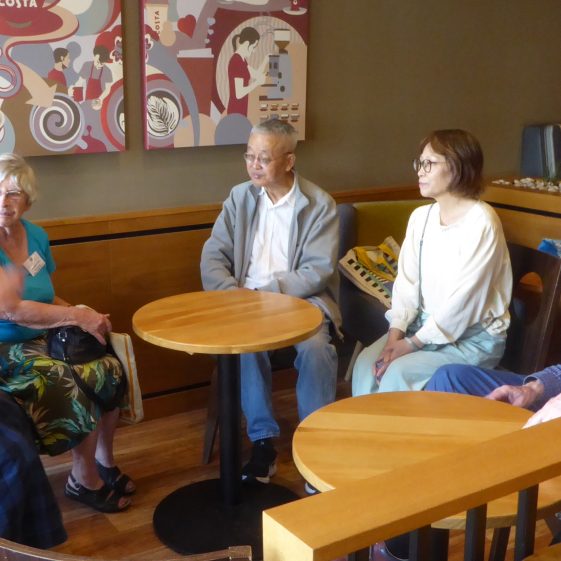 Meeting Kuang Ying and his wife Liu Zi with coffee - Frances Wood,, Rosemary Ross, Huang Ying, Liu Zi, Roger Butterworth | Zoe Reed