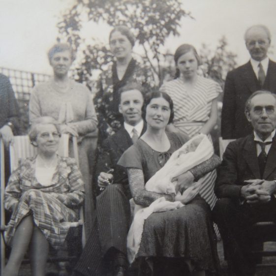 Hasseldine/Summerson family group after the Baptism of baby Desmond in 1933 (Back row:Eleanor Barrett (Edith's sister),unknown, Edith Hasseldine, Marjorie Summerson (Jack's sister), Robert Summerson (Jack's father); Front row: Edith Summerson (Jack's mother), Jack Summerson, Marjorie Summerson holding Desmond and Ernest Hasseldine) | Des Summerson