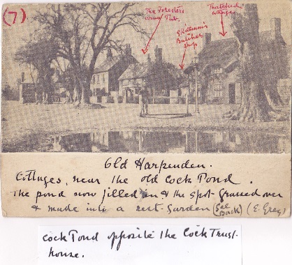 Old Harpenden (7). Cottages near Cock Pond. Edwin's script on reverse is shown below the image | LHS Archives - LHS 16254